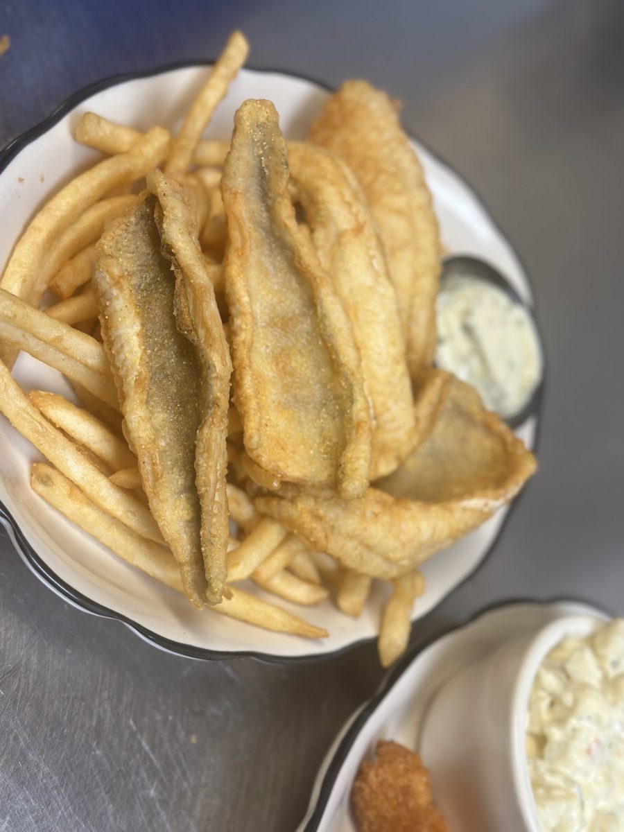 A plate of breaded perch fillets with French fries, tartar sauce and coleslaw